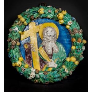 Santi Buglioni Tondo en terre cuite vernissée polychrome représentant