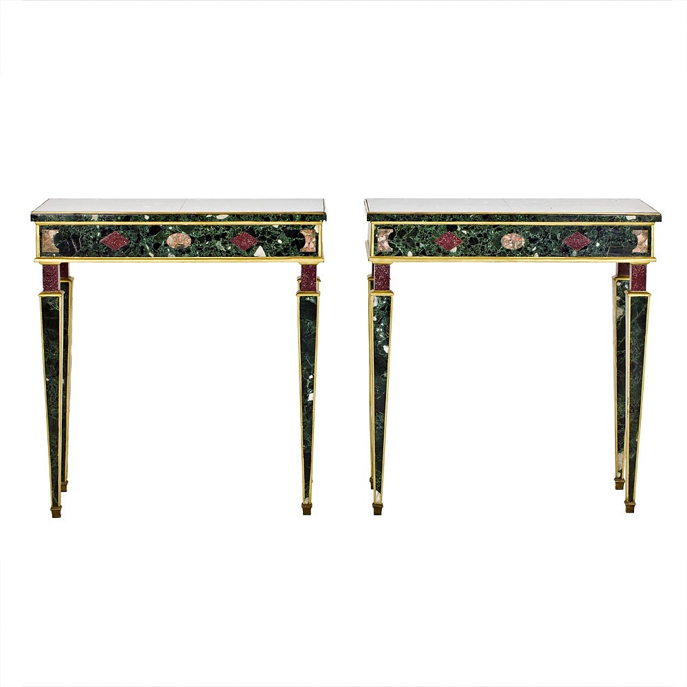 Pair Of Console Tables Veneered In Polychrome Marble-photo-2