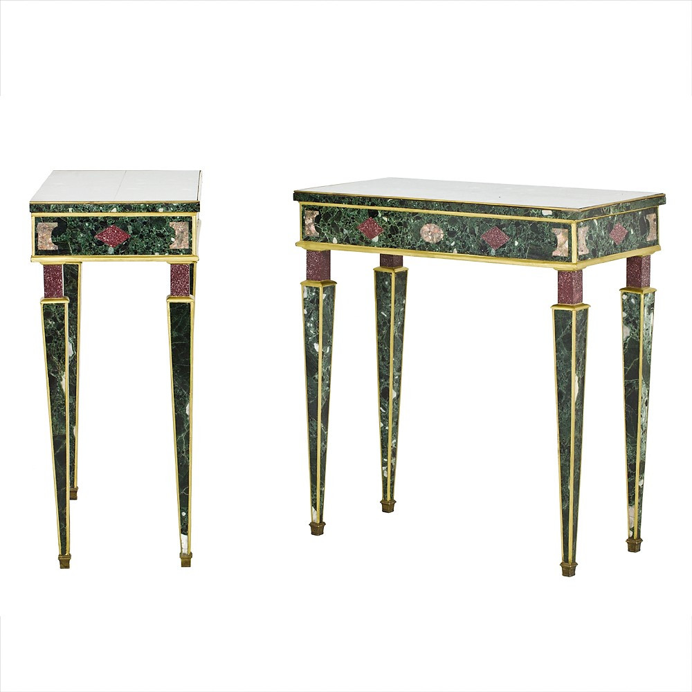 Pair Of Console Tables Veneered In Polychrome Marble-photo-3