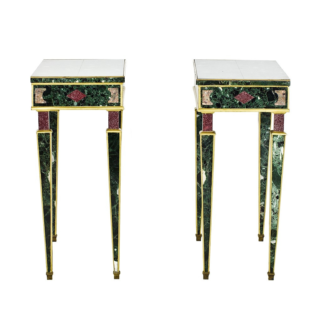 Pair Of Console Tables Veneered In Polychrome Marble-photo-4