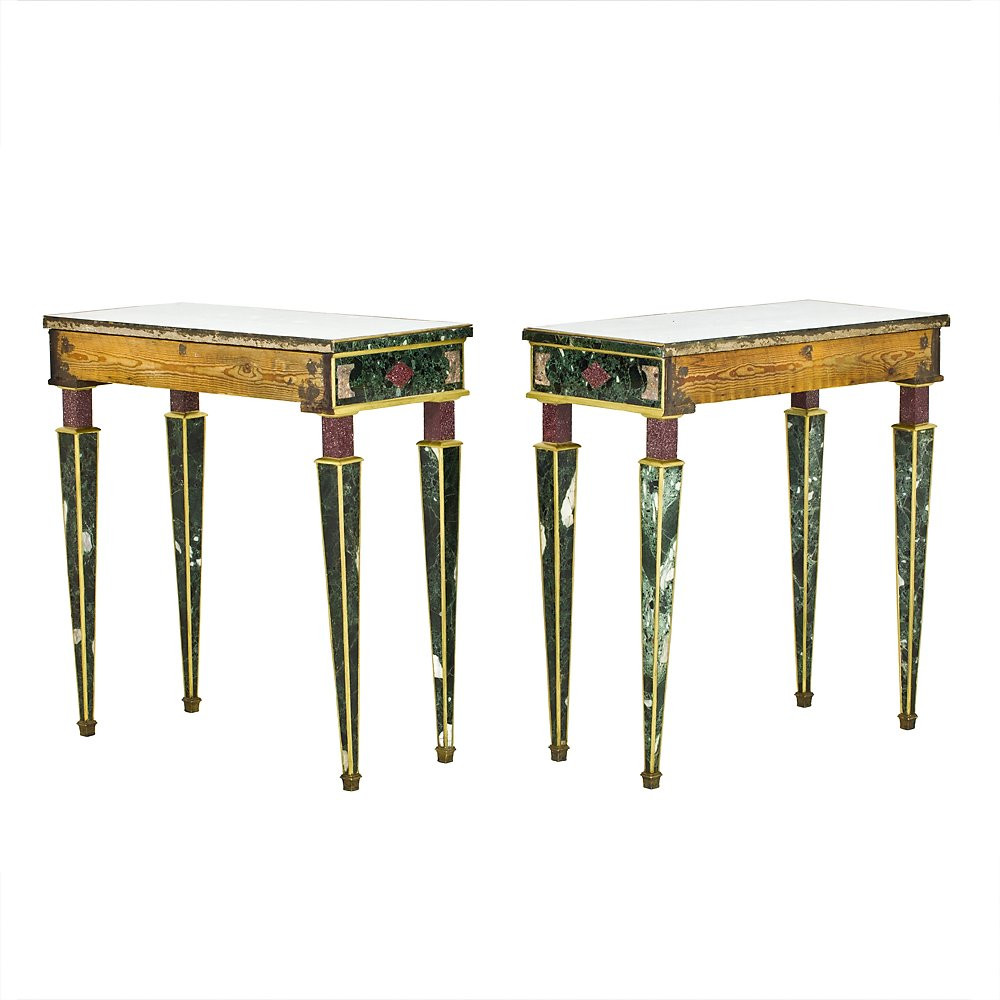 Pair Of Console Tables Veneered In Polychrome Marble-photo-1