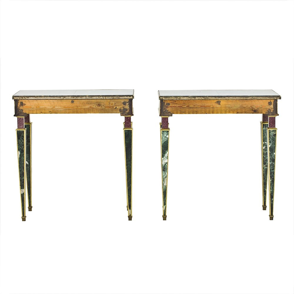 Pair Of Console Tables Veneered In Polychrome Marble-photo-2