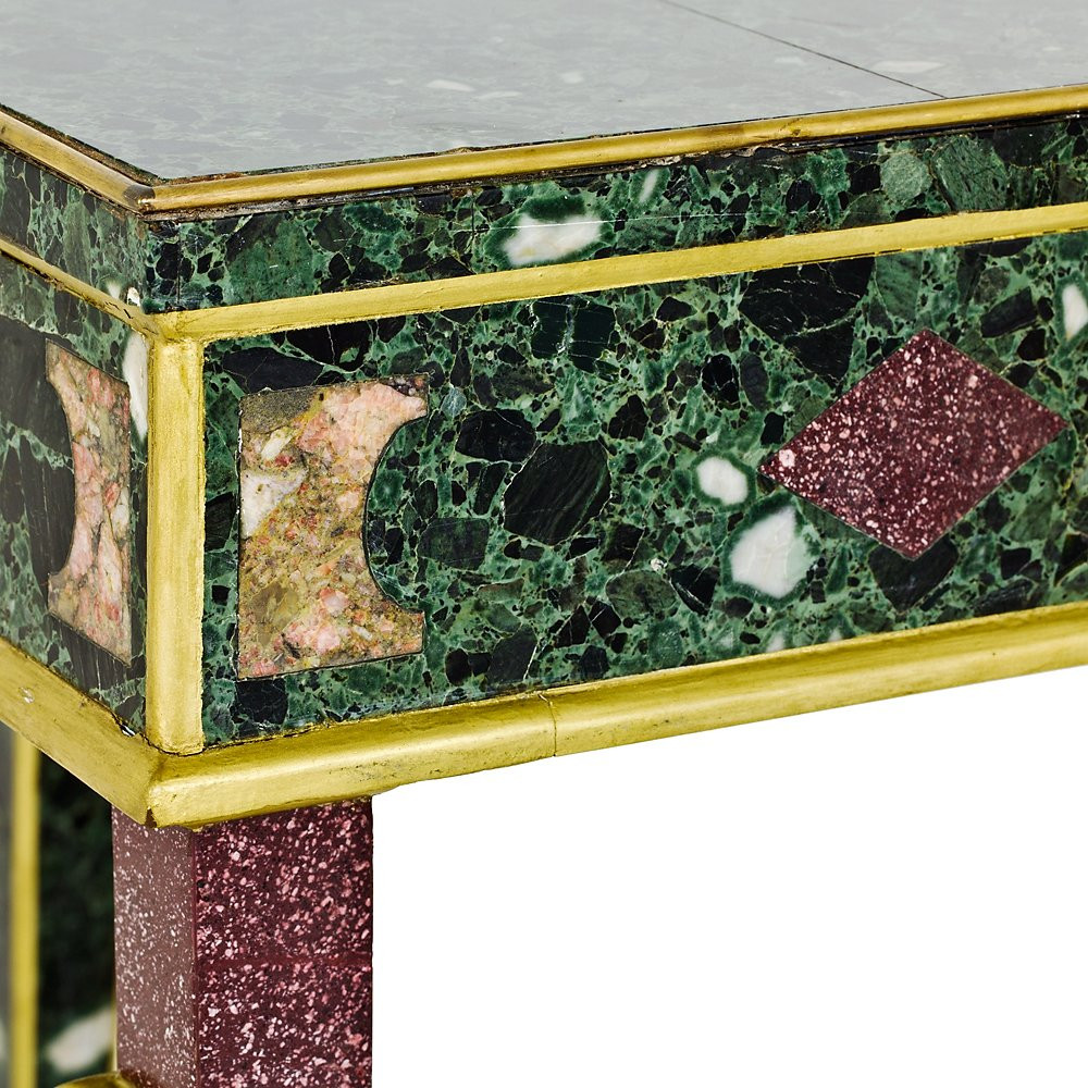 Pair Of Console Tables Veneered In Polychrome Marble-photo-3