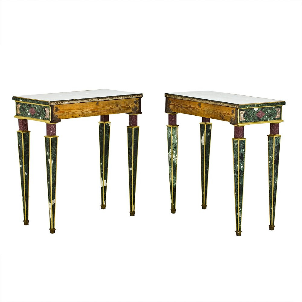 Pair Of Console Tables Veneered In Polychrome Marble-photo-5