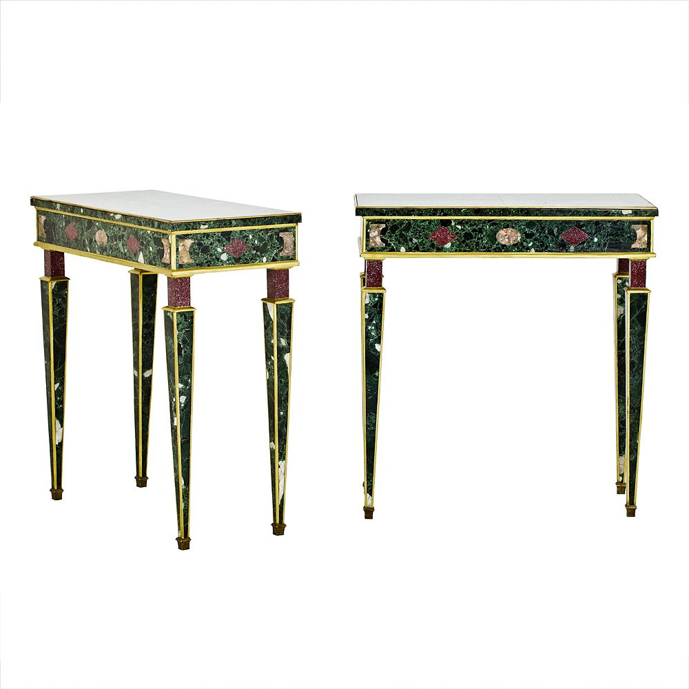 Pair Of Console Tables Veneered In Polychrome Marble-photo-6