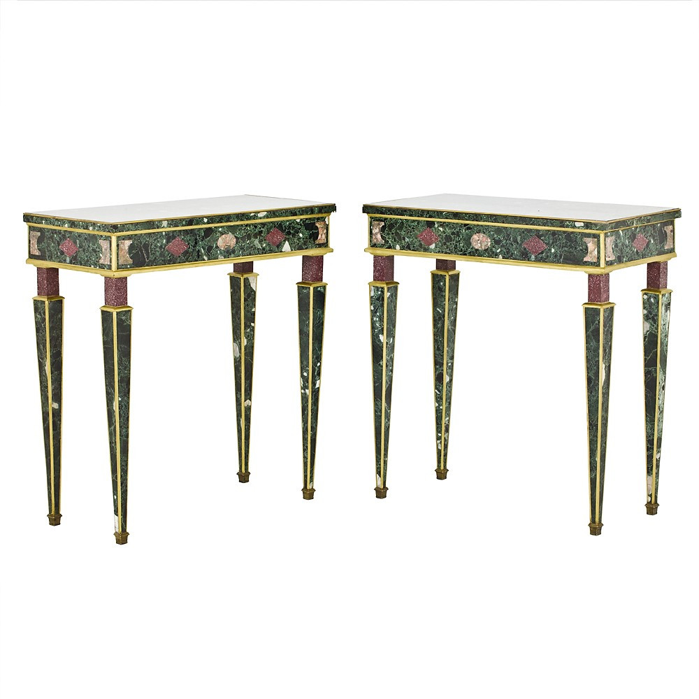 Pair Of Console Tables Veneered In Polychrome Marble