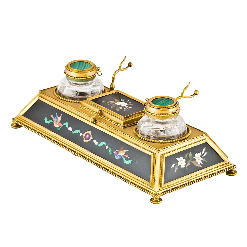 Gilded Bronze And Semiprecious Stone Inkwell Set-photo-3