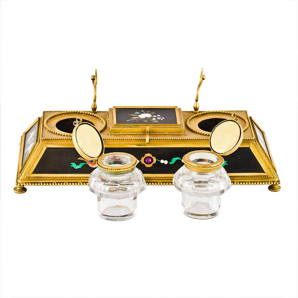 Gilded Bronze And Semiprecious Stone Inkwell Set-photo-4
