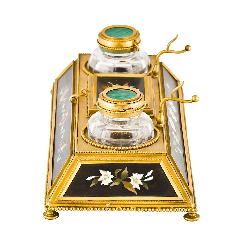 Gilded Bronze And Semiprecious Stone Inkwell Set-photo-1