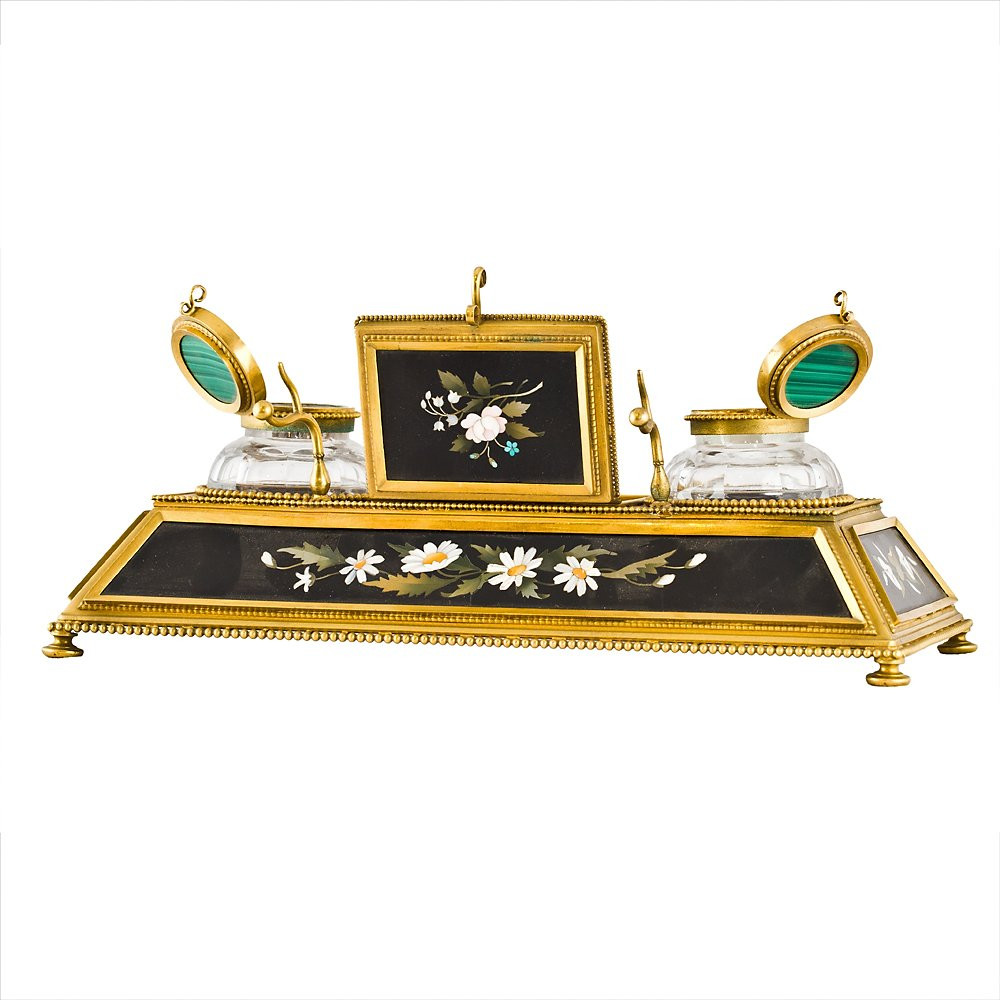 Gilded Bronze And Semiprecious Stone Inkwell Set-photo-3
