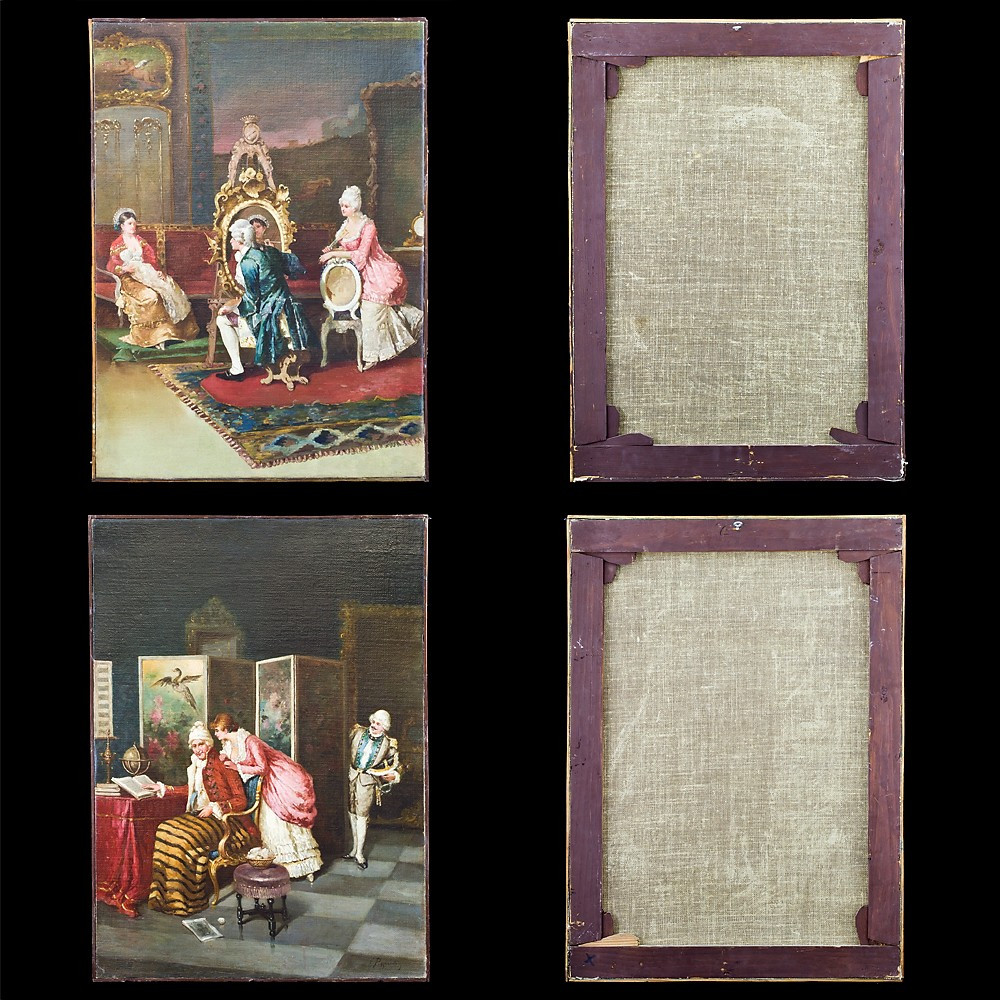 Paire de tableaux représentant des scènes de cour