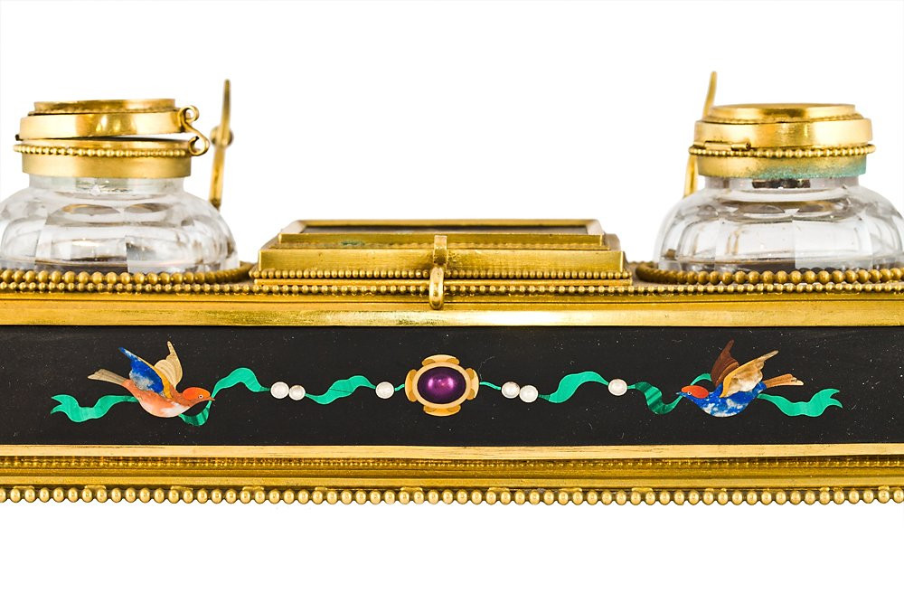 Encrier en bronze doré et pierres semi-précieuses-photo-5