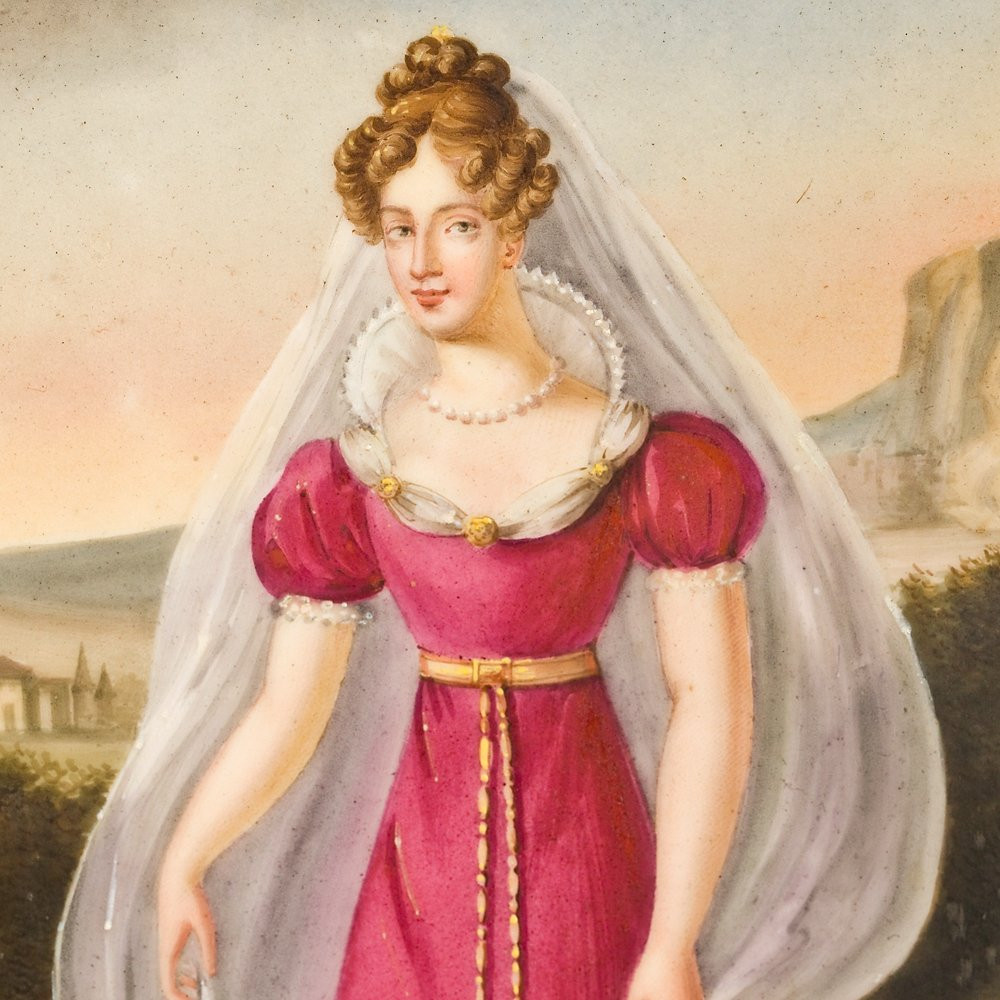 Pendule de fenêtre de secours ornée d'une plaque en porcelaine peinte représentant la duchesse -photo-1