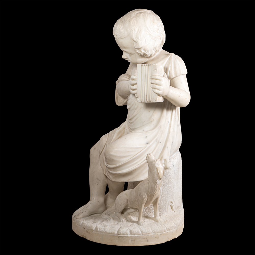 Sculpture en marbre représentant un garçon et son chien-photo-2
