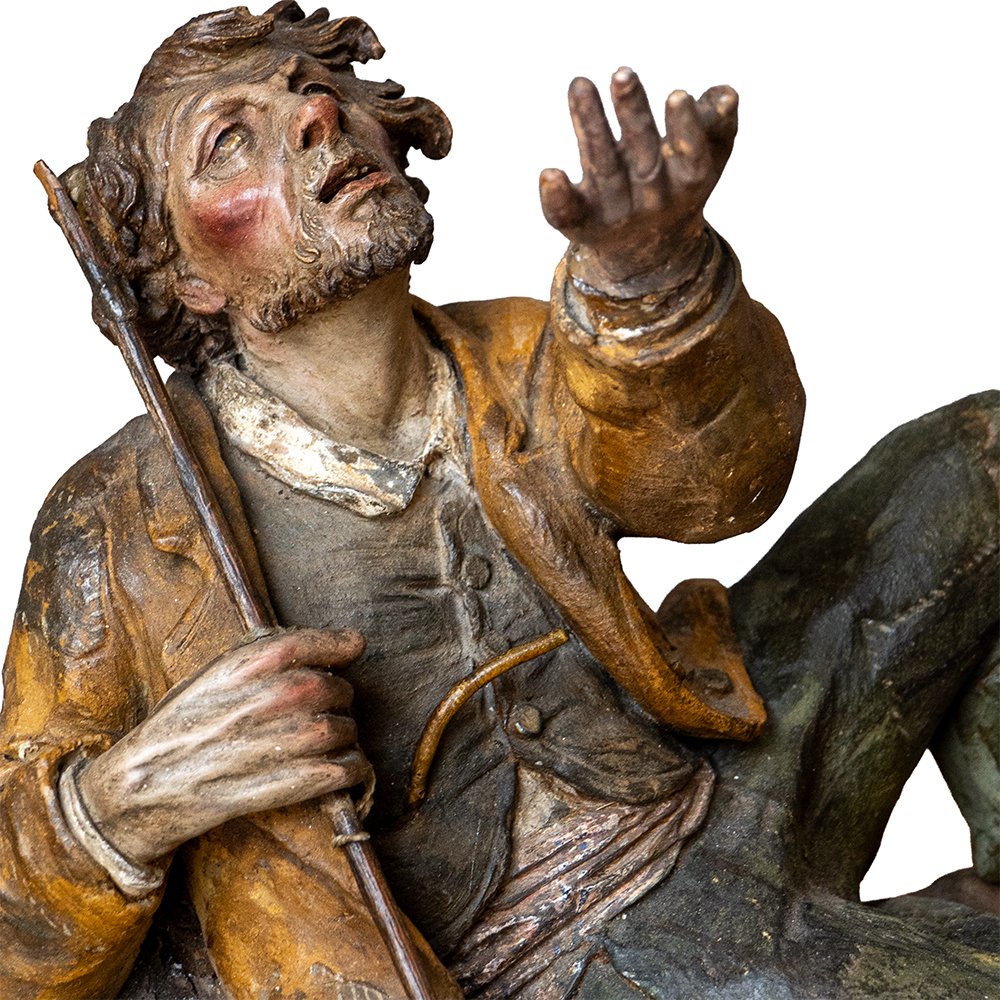 Statuette Depicting A Beggar – 18th-century Polychrome Terracotta, Signed “c.p.”  Preg-photo-2