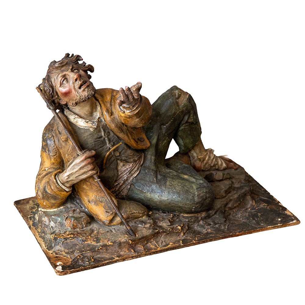 Statuette Depicting A Beggar – 18th-century Polychrome Terracotta, Signed “c.p.”  Preg