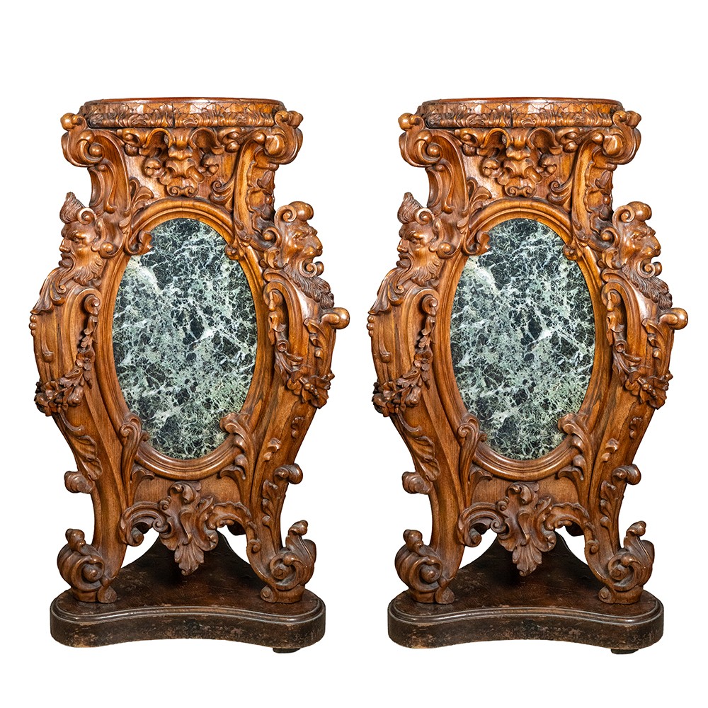 Paire de colonnes en palissandre et marbre vert alpin