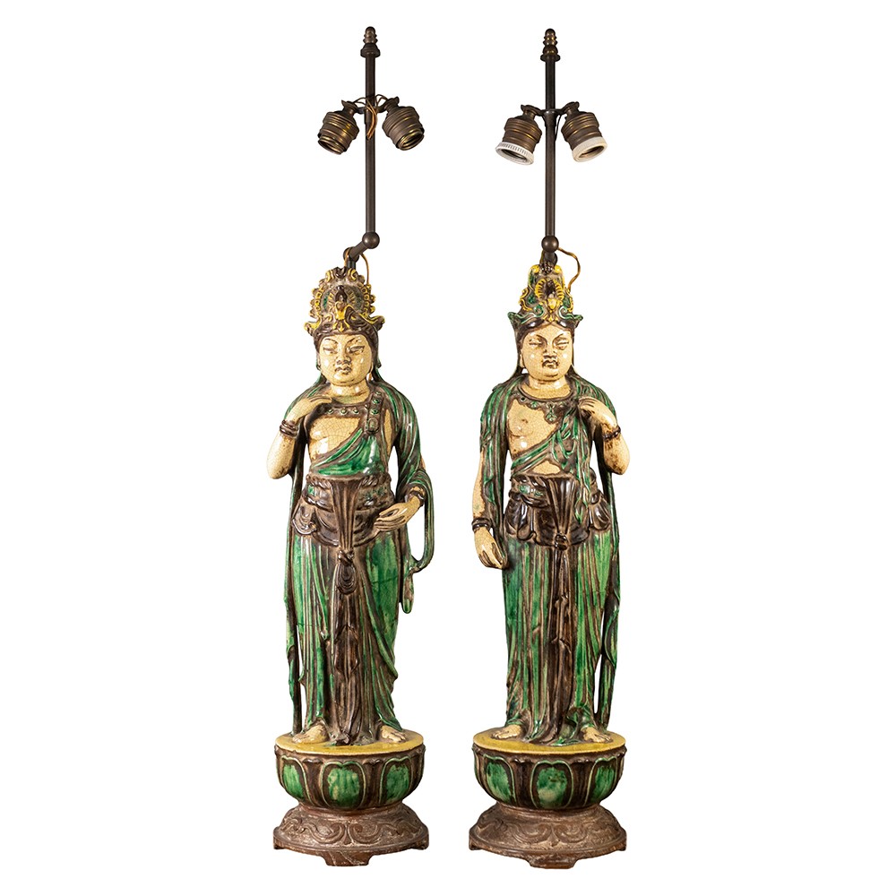 A Pair Of Lamps Depicting Bodhisattvas
