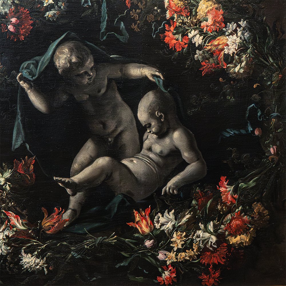 Tableau représentant une composition florale avec deux chérubins sous un drapé – Giuseppe Volò,-photo-2