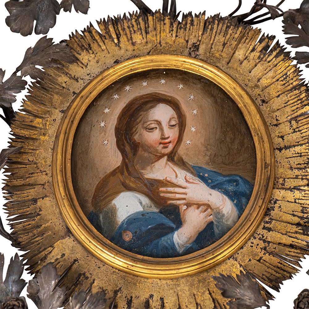 Peinture sur verre représentant la Vierge Marie - Cadre en argent-photo-2