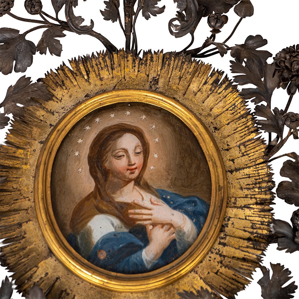 Peinture sur verre représentant la Vierge Marie - Cadre en argent-photo-3