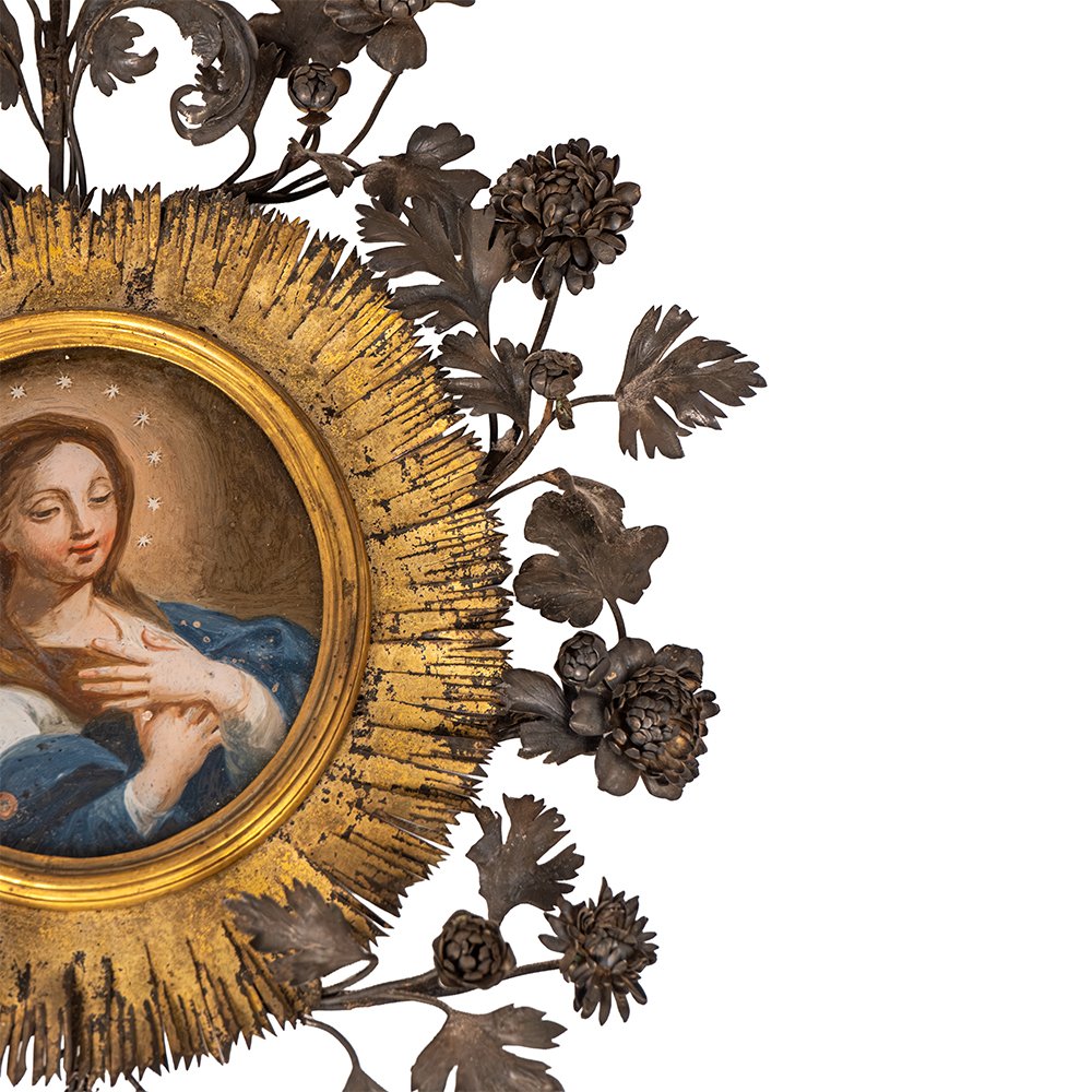Peinture sur verre représentant la Vierge Marie - Cadre en argent-photo-4