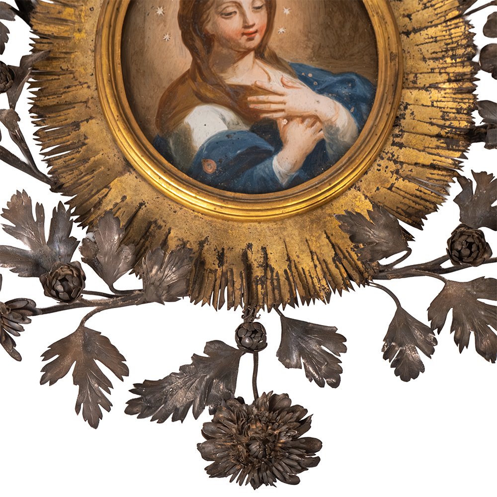 Peinture sur verre représentant la Vierge Marie - Cadre en argent-photo-2