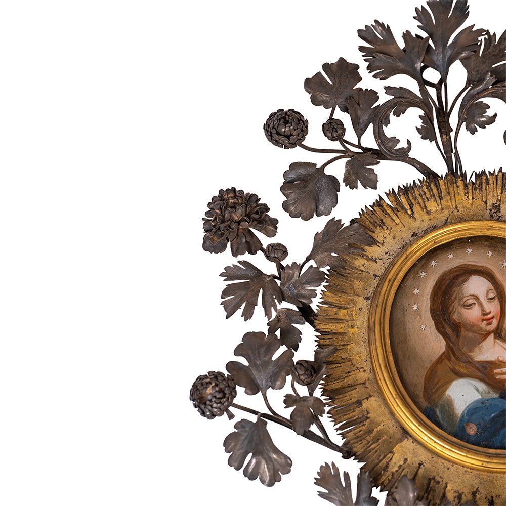 Peinture sur verre représentant la Vierge Marie - Cadre en argent-photo-4