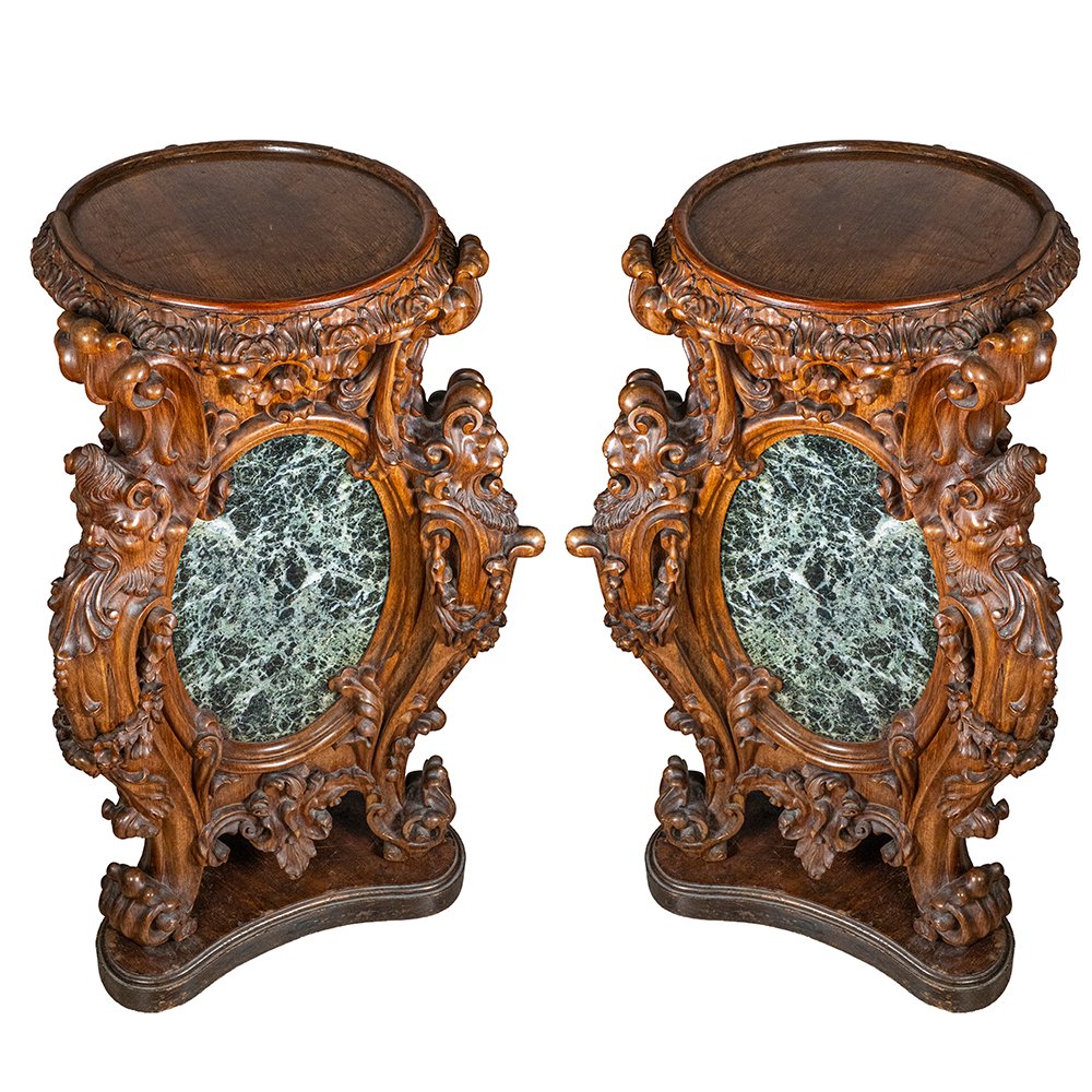 Pair Of Columns Made Of Rosewood And Green Of The Alps Marble-photo-3