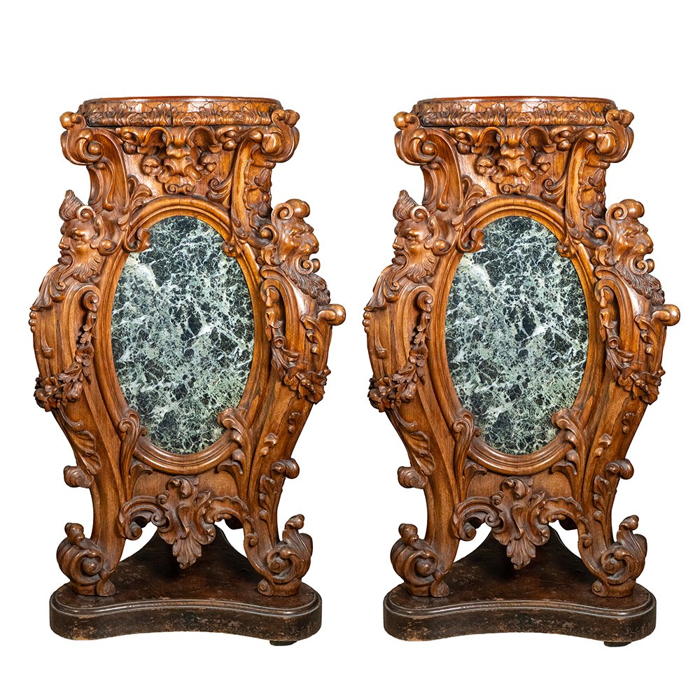 Pair Of Columns Made Of Rosewood And Green Of The Alps Marble