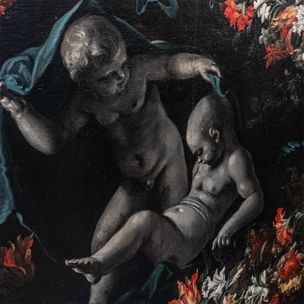 Painting Depicting A Floral Arrangement With Two Cherubs Beneath A Drape – Giuseppe Volò, Known As -photo-1