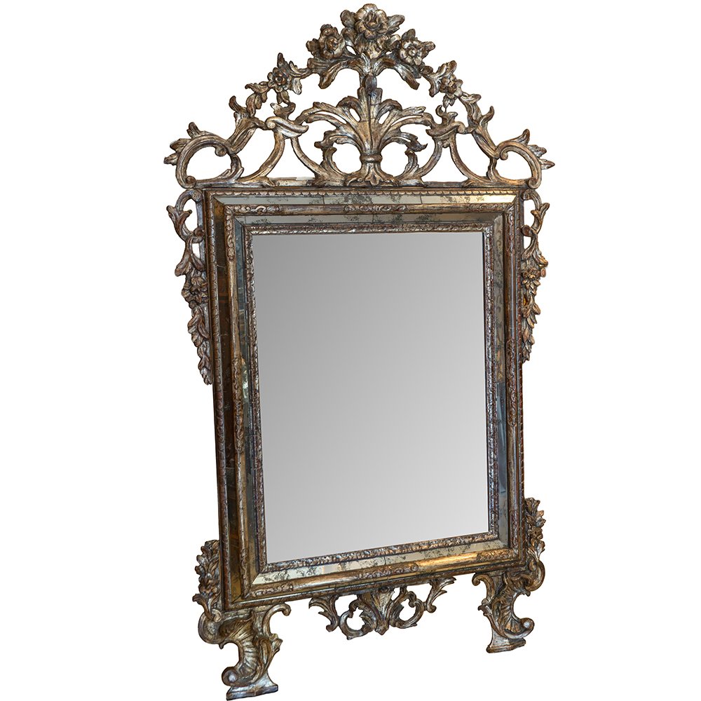Piedmontese Mirror Made Of Carved And Silver-plated Wood-photo-1
