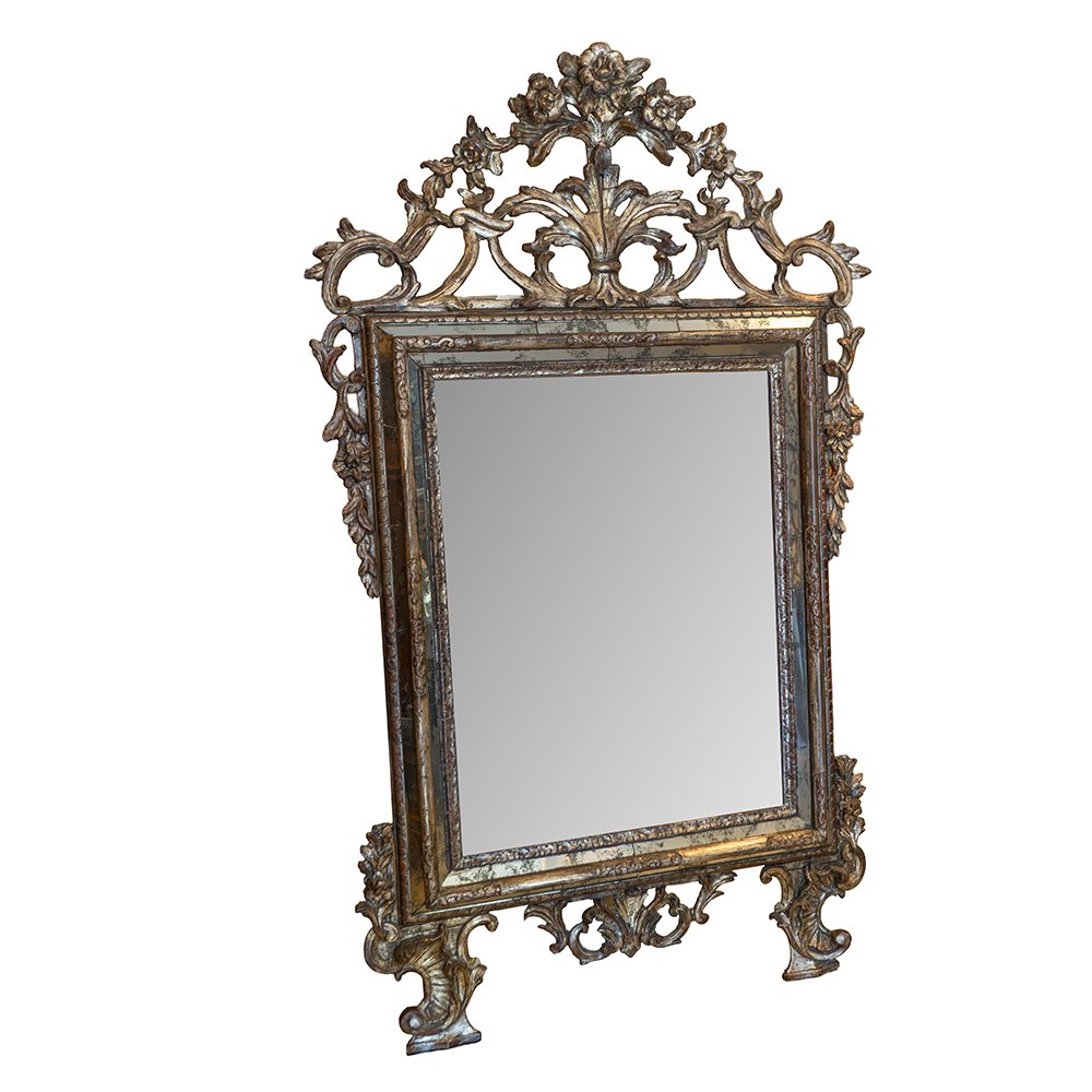 Piedmontese Mirror Made Of Carved And Silver-plated Wood-photo-2