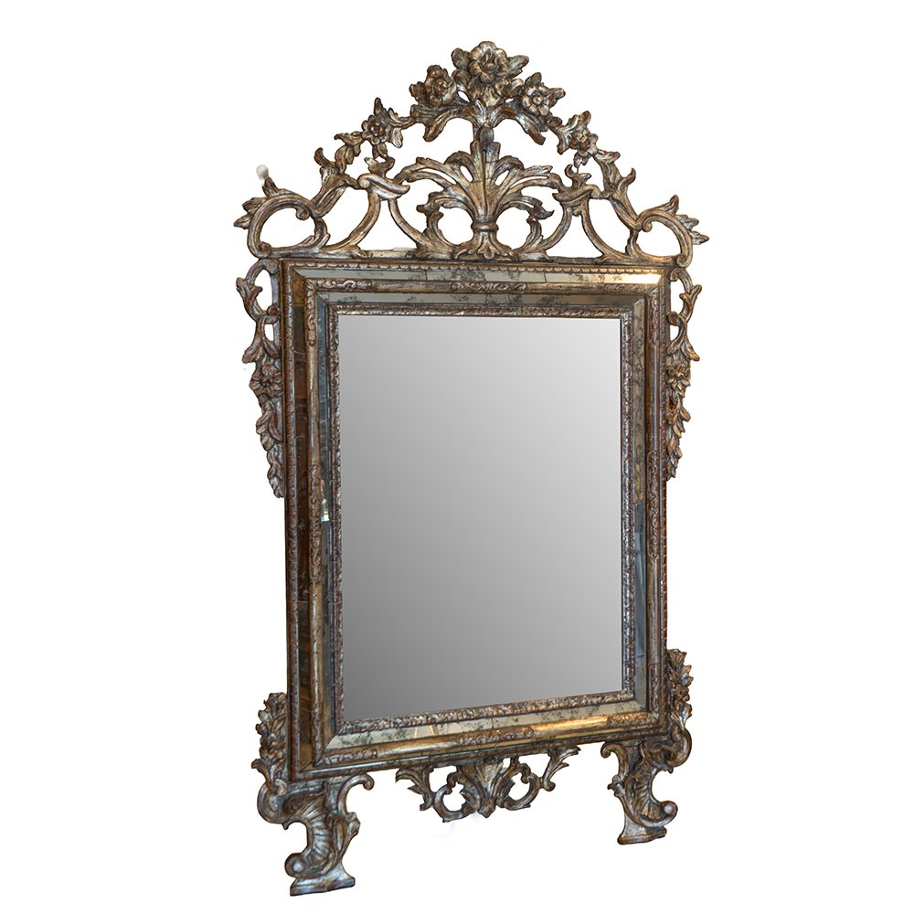 Piedmontese Mirror Made Of Carved And Silver-plated Wood