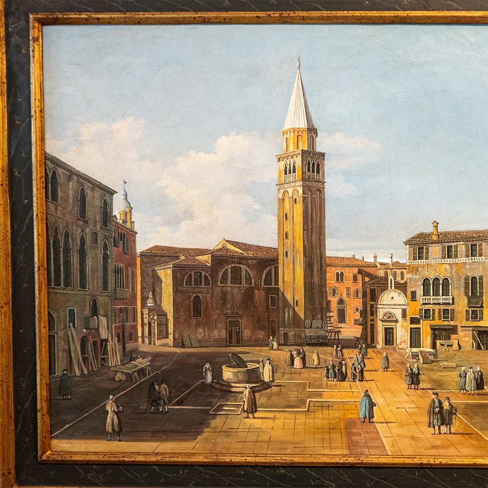 Painting Depicting A Venetian View With A Square And A Bell Tower-photo-3