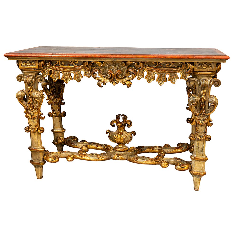 Console piémontaise Louis XIV en bois laqué et doré, plateau à décor chinois-photo-2