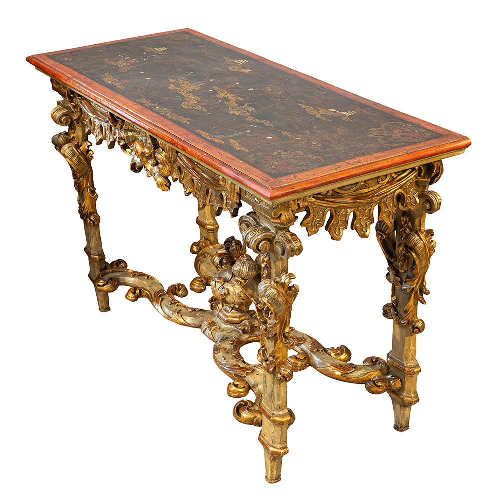 Console piémontaise Louis XIV en bois laqué et doré, plateau à décor chinois-photo-3