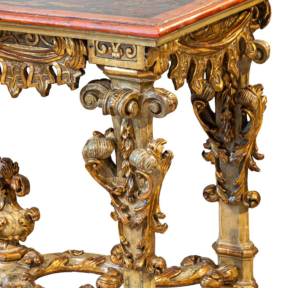 Console piémontaise Louis XIV en bois laqué et doré, plateau à décor chinois-photo-3