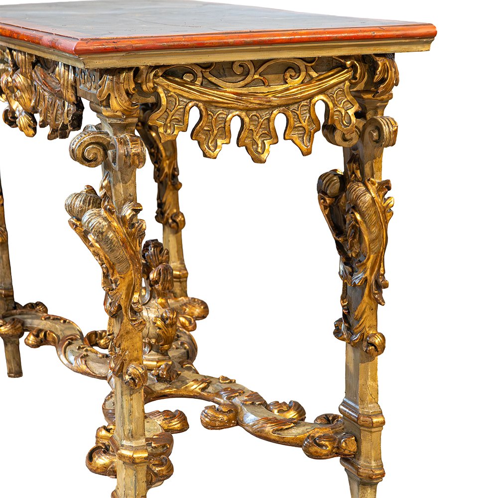 Console piémontaise Louis XIV en bois laqué et doré, plateau à décor chinois-photo-5