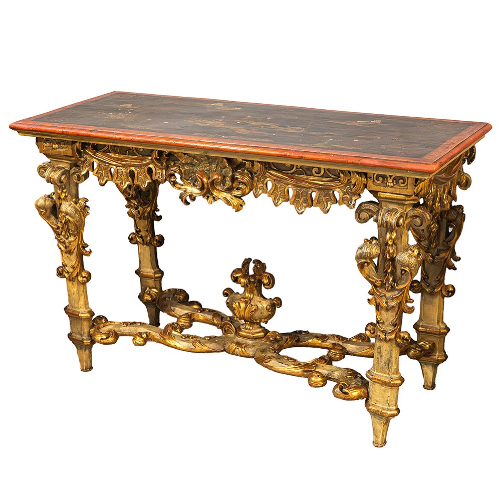 Console piémontaise Louis XIV en bois laqué et doré, plateau à décor chinois-photo-6