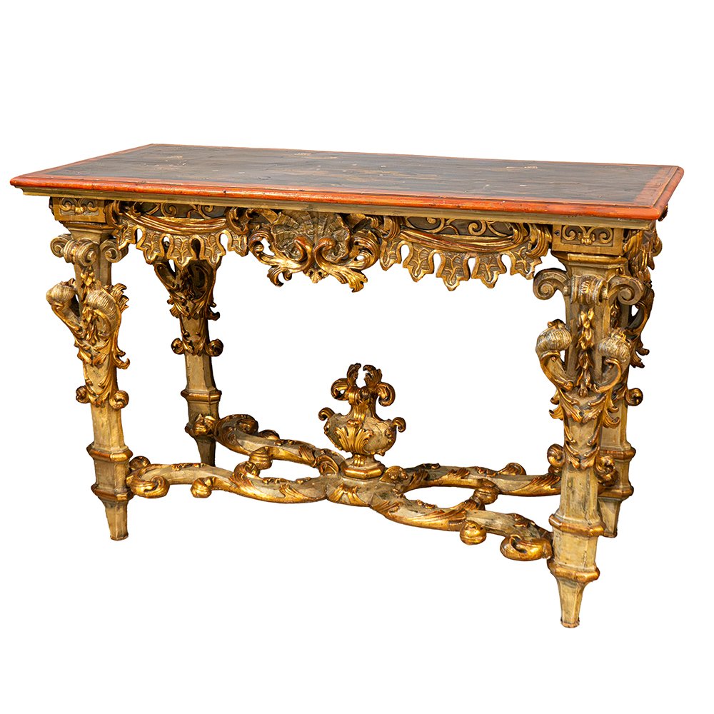 Console piémontaise Louis XIV en bois laqué et doré, plateau à décor chinois
