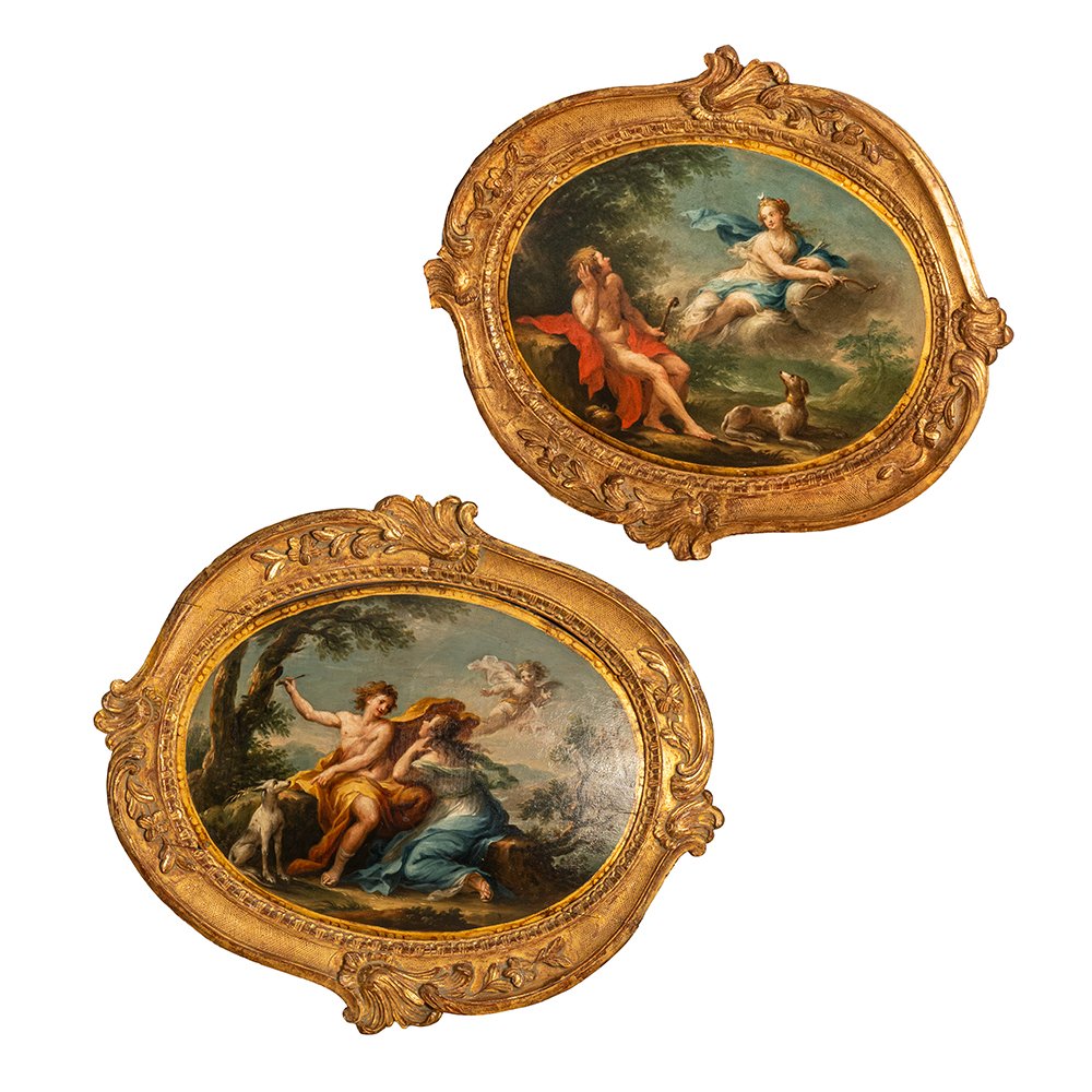 Paire de tableaux représentant Diane et Endymion et Angélique et Médoro