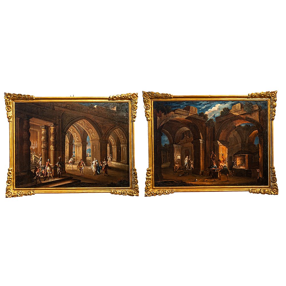 Paire de tableaux d'architecture avec scènes de genre - Francesco Monti
