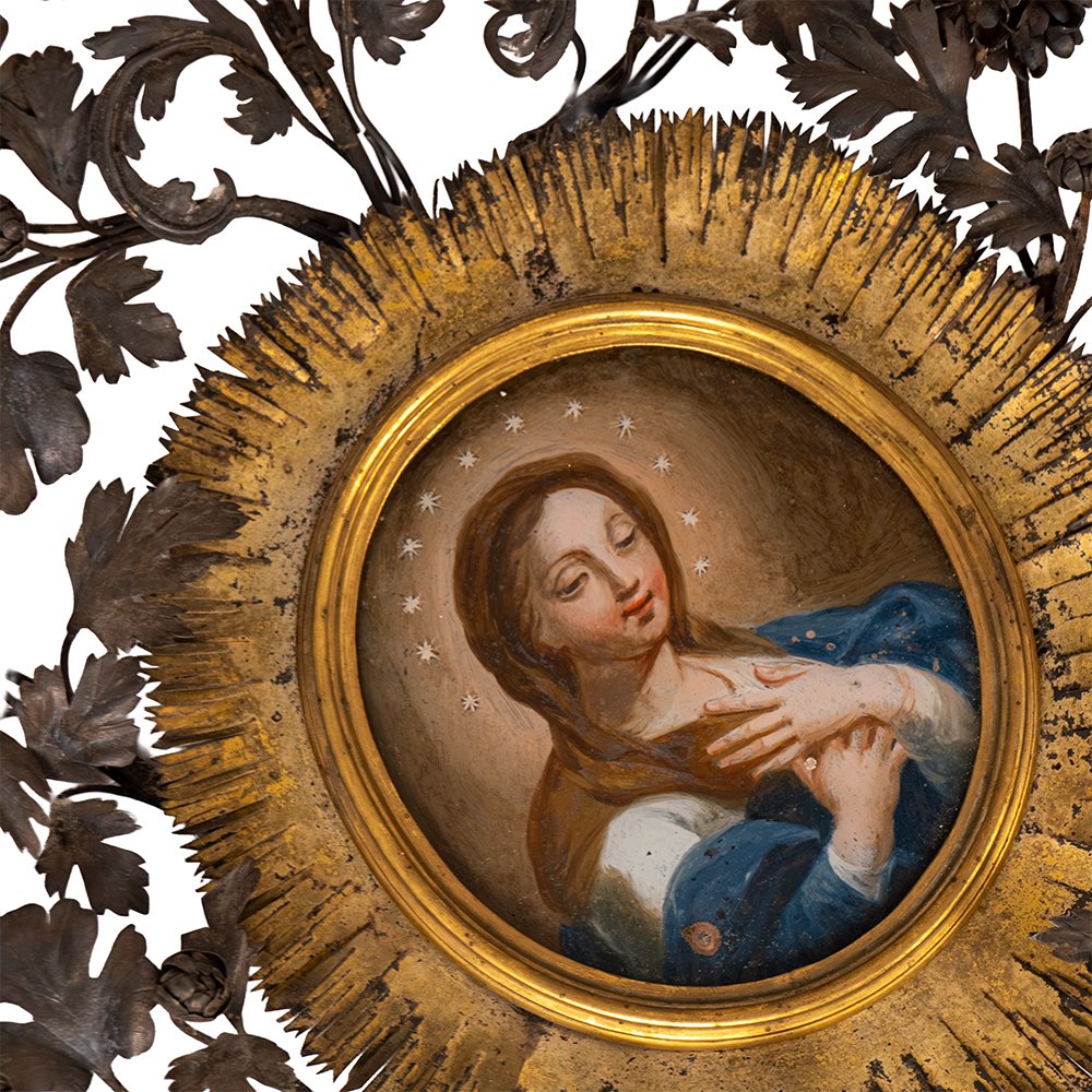Painting On Glass Depicting The Virgin Mary - Silver Frame-photo-1
