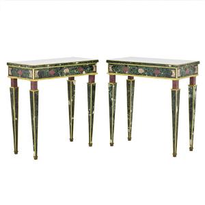 Pair Of Console Tables Veneered In Polychrome Marble