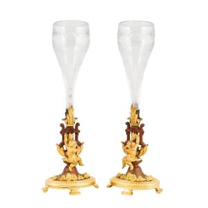 Pair Of Crystal Cornucopia Goblets