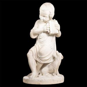 Sculpture en marbre représentant un garçon et son chien