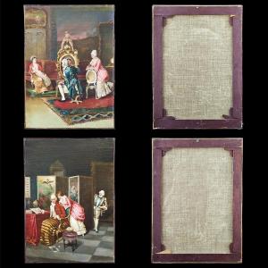 Paire de tableaux représentant des scènes de cour