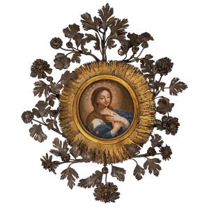 Peinture sur verre représentant la Vierge Marie - Cadre en argent