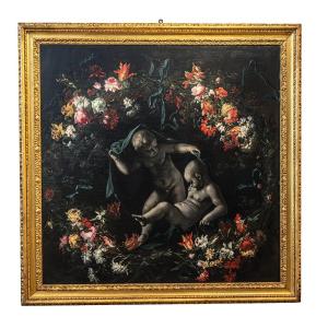 Painting Depicting A Floral Arrangement With Two Cherubs Beneath A Drape – Giuseppe Volò, Known As 